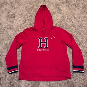 Tommy Hilfiger Sport Hoodie Womens Large Red Pullover Long Sleeve Embroidered